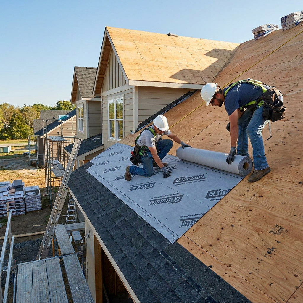 Roof Dr crew installing underlayment during complete roof replacement in Wichita KS